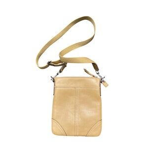 Coach Tan Crossbody Bag with Structured Design and Gold Hardware